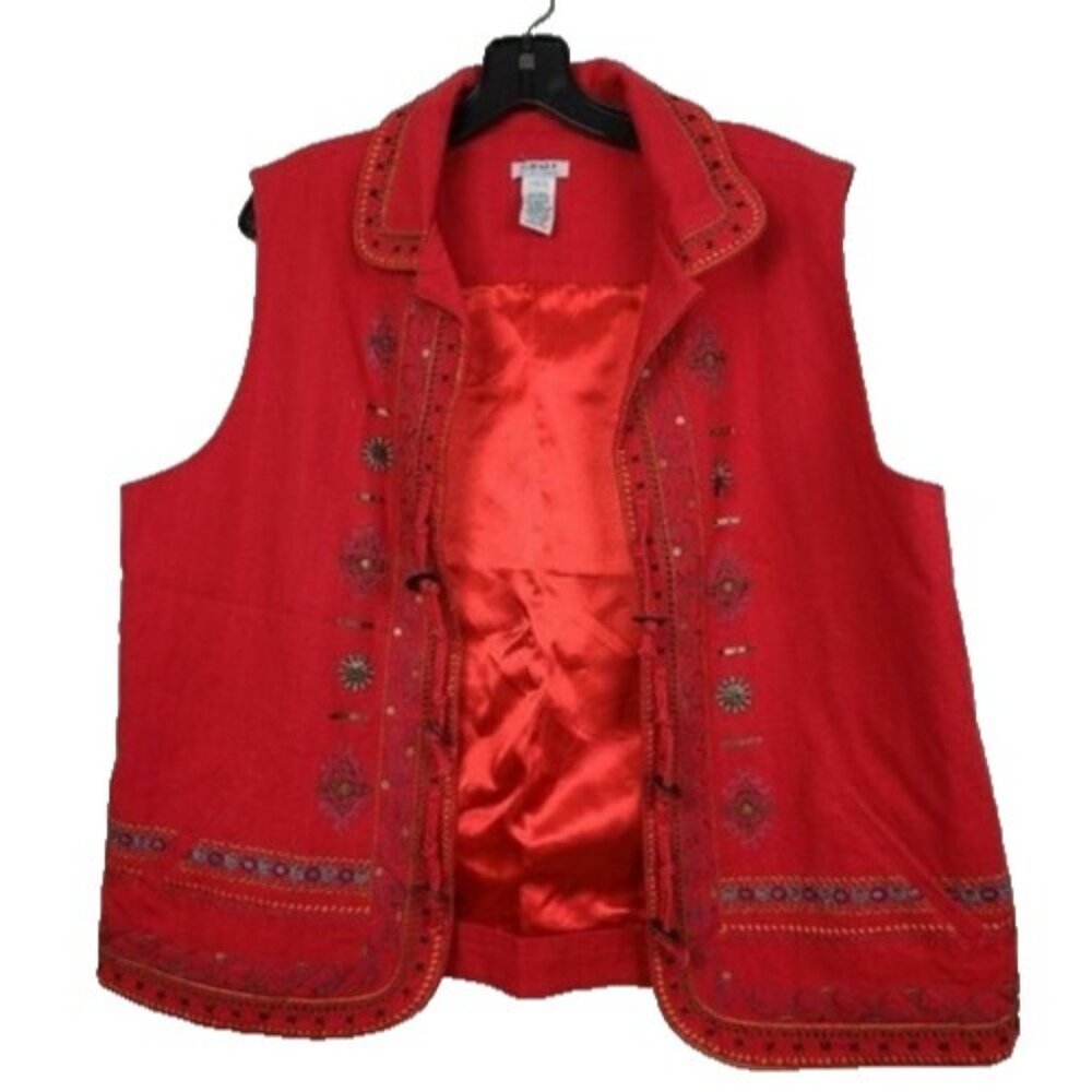 Vintage Graff BOHO Vest Womens Large‎ Red Denim Embroidered Beaded Wearable Art